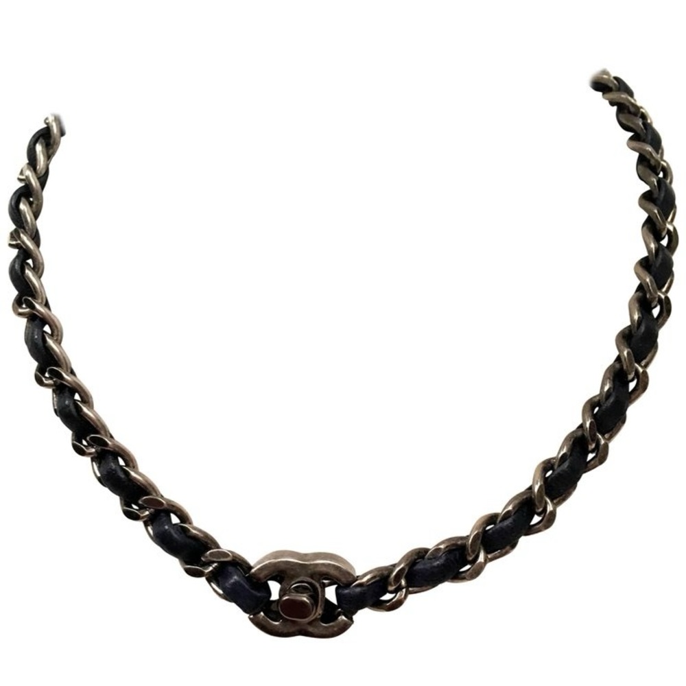Chanel Leather and Chain Necklace with CC Logo